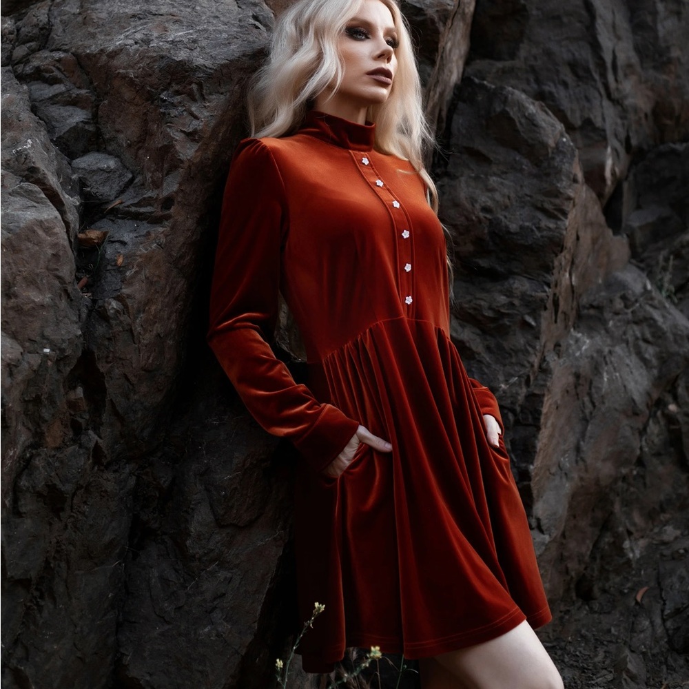 Velvet Long Sleeve Dress with Button Detail